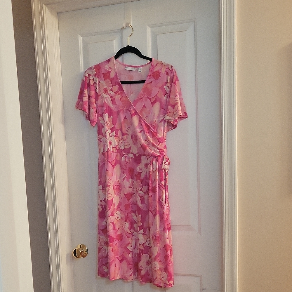 Susan Graver Liquid Knit Floral Pink Faux Wrap Dress Small